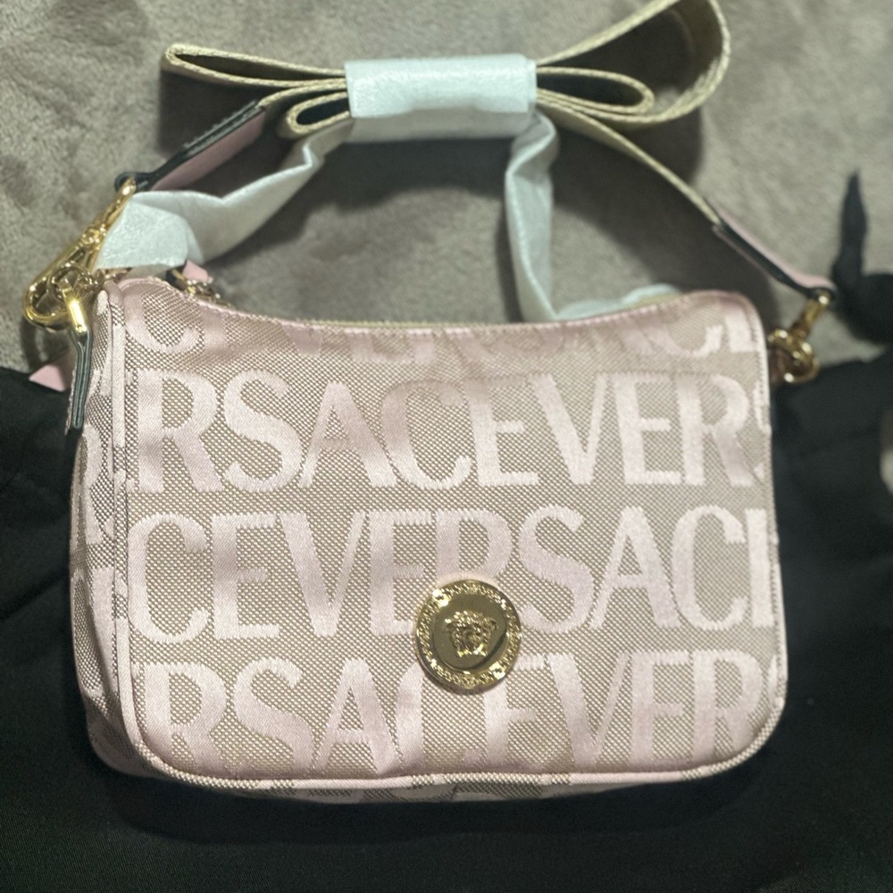 Brand NEW Versace Pink Monogrammed Crossbody with Gold Hardware & Black Dust Bag